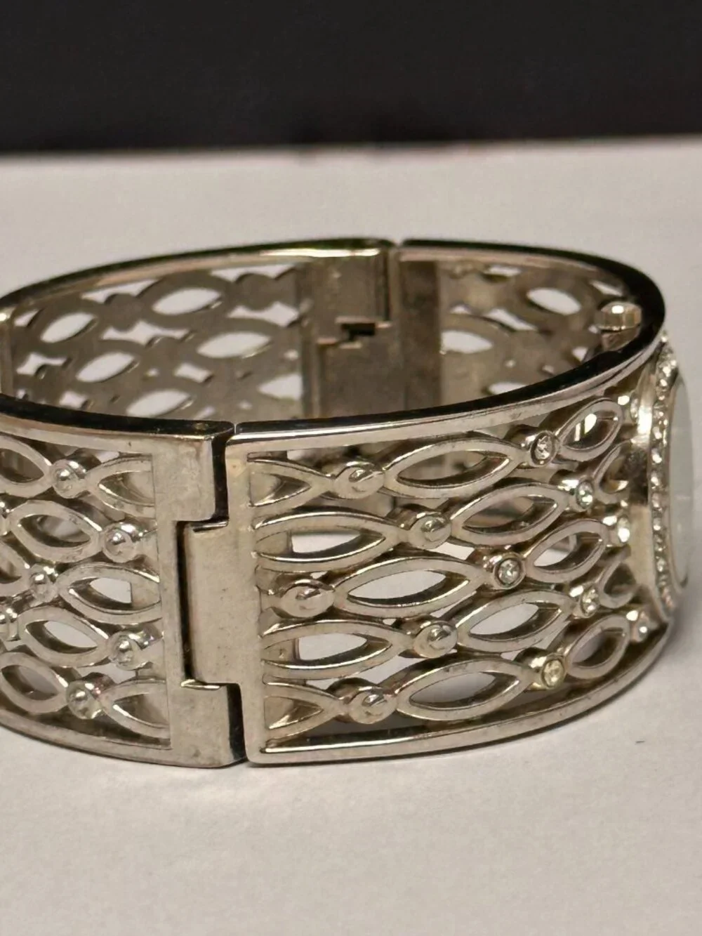 Studio Time Watch Women Silver Tone Rhinestone Wide Cuff New Battery 6.75